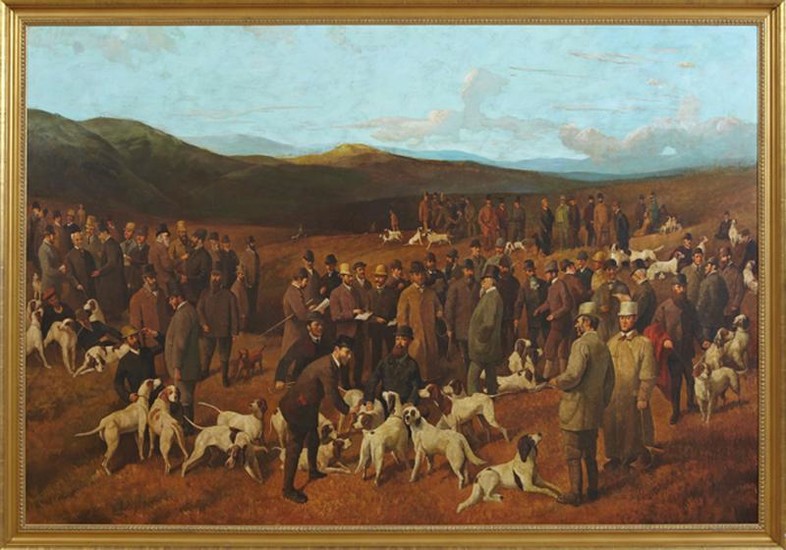 American School, "The Hunting Dogs Show," 20th c., oil