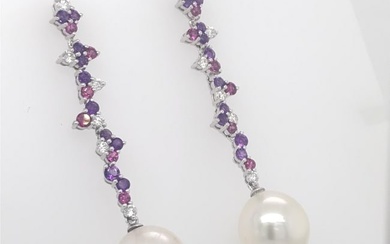 Amethyst Diamond Rhodonite Pearl Earrings 3.10 Carat 18 Karat