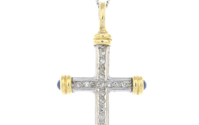 An 18ct gold single-cut diamond and sapphire cabochon cross pendant, with chain.