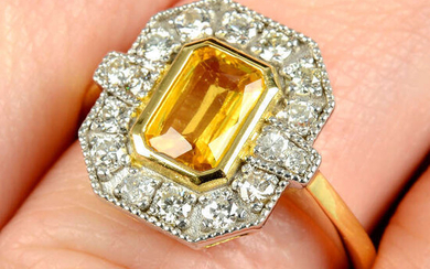 An 18ct gold yellow sapphire and brilliant-cut diamond geometric cluster ring.
