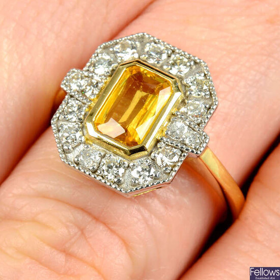 An 18ct gold yellow sapphire and brilliant-cut diamond geometric cluster ring.