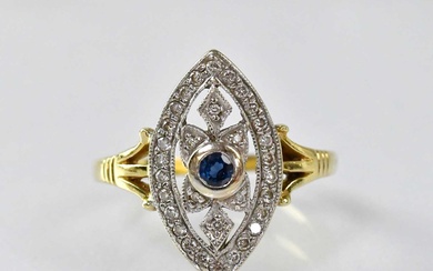 An 18ct yellow gold sapphire and diamond marquise-shaped cluster ring,...