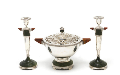 An American silver and hardstone candlestick and rosebowl suite
