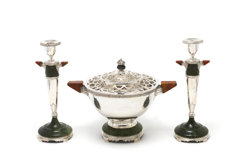 An American silver and hardstone candlestick and rosebowl suite