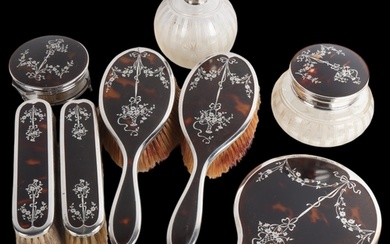 An Art Deco George V silver and tortoiseshell pique inlaid 8...