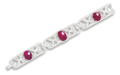 An Art Deco Ruby and Diamond Bracelet, 1930s, Art Deco 紅寶石配鑽石手鏈, 約1930年代, 紅寶石共重約22.00克拉Art Deco 紅寶石配鑽石手鏈, 約1930年代, 紅寶石共重約22.00克拉
