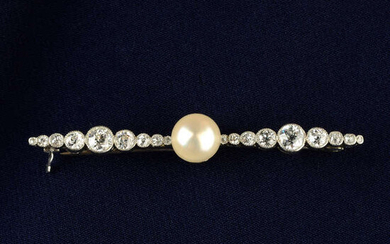 An Art Deco platinum, pearl and graduated circular-cut diamond bar brooch.