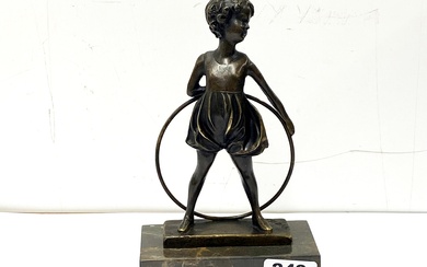 An art deco style bronze figure of a hoop girl after preiss on a marble base H. 26cm.