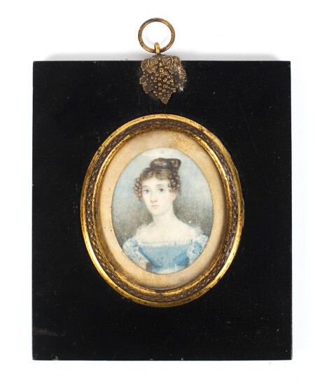 An early 19th century portrait miniature of a lady in blue silk dress, watercolour on ivory