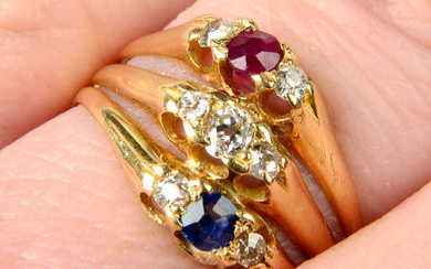 An early 20th century 18ct gold ruby, diamond and sapphire patriotic ring.