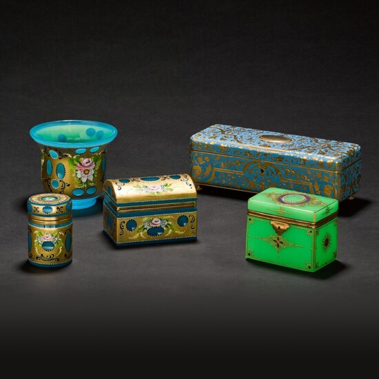 An enamelled gilt-metal rectangular casket, three glass boxes and a vase, 20th century