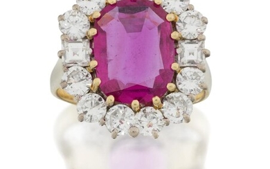 An important ruby and diamond ring, the claw-set rectangular cushion cut ruby weighing 3.80 carats, with old brilliant-cut diamond border to a plain hoop, approx. ring size O Accompanied by report number 21368, dated 11th March 2022, from The Gem &...