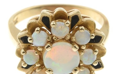 An opal and black enamel floral cluster ring.Stamped...