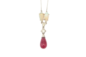 An opal, diamond and pink tourmaline pendant necklace...