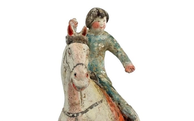 Ancient Chinese, Tang Dynasty Terracotta Painted Red Pottery Female Polo Player Astride a Galloping Horse, TL test - H-40 cm - 40×35×0 cm