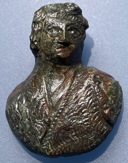 Ancient Roman Bronze Applique Bust-Portrait of the Wine God Bacchus, wearing a crown of Grapes&Vine Leaves - (4.8 cm)