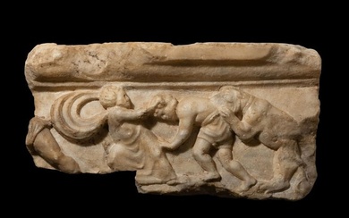 Ancient Roman, Empire Marble Nice Relief with Dmanatio ad Bestias. 42 cm L. 1st - 2nd century AD. Spanish Export License.