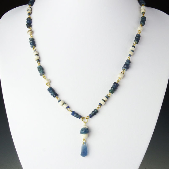 Ancient Roman Glass Necklace with blue glass and shell beads - (1)