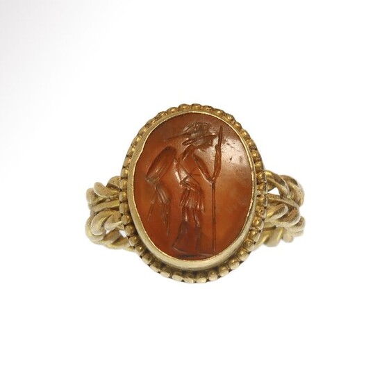 Ancient Roman Gold and Cornelian Intaglio Ring with Helmeted Warrior
