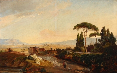 Anders Lunde: Landscape from Italy with a shepherd driving forth the sheep. Unsigned. Oil on paper laid on canvas. 35.5×55 cm.
