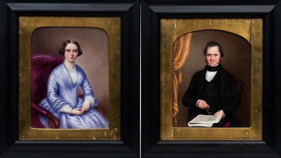 Anglo/American School, Late 19th Century Pair of Miniature Portraits of a Man and Wife