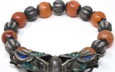Antique Chinese Silver & Agate Dragon Bracelet
