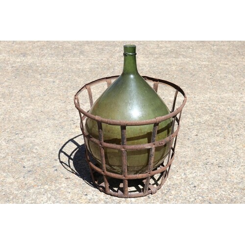 Antique French green glass wine makers bottle in metal wire ...