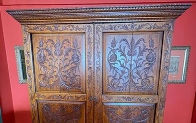 Antique Ornately Hand Carved Wood Wardrobe
