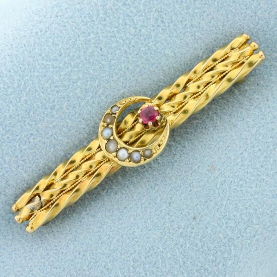 Antique Pink Sapphire and Seed Pearl Pin in 14K Yellow