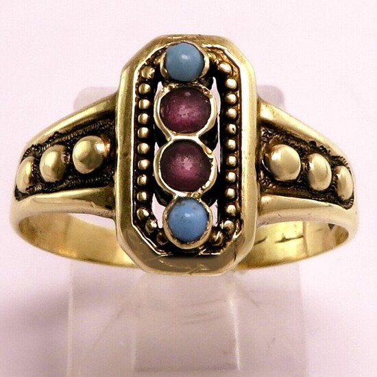 Antique Victorian Edwardian Hallmarked - 18 kt. Gold - Ring Rubies - Turquoises