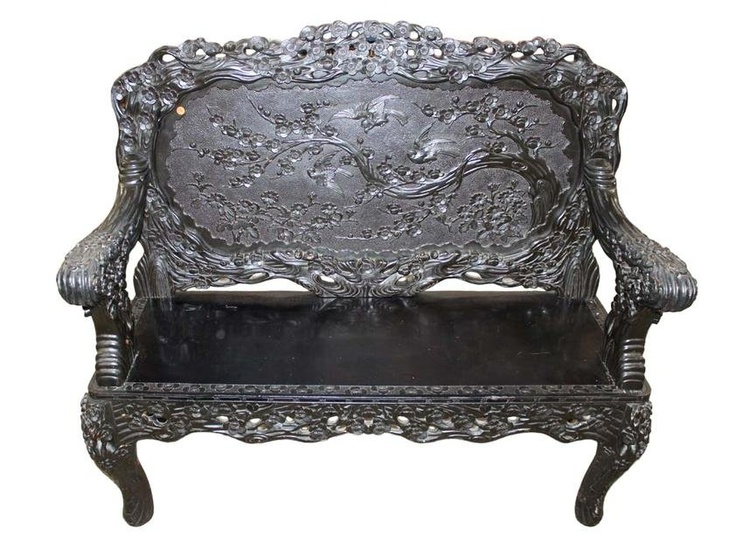 Antique believed to be Japanese Meiji Period Circa 1880-1920 carved hardwood black finish bench