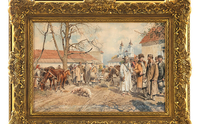 Antoni Kozakiewicz (1841-1929) – Jews in a Polish Village Market, 1909 – Watercolor on Paper