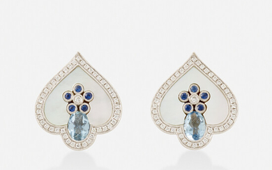 Aquamarine, sapphire, and mother-of-pearl earrings