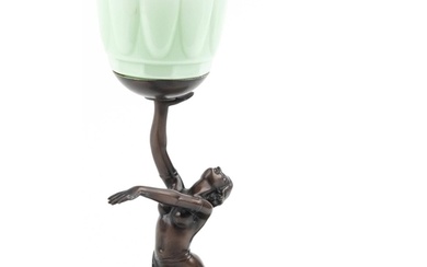 Art Deco style bronzed figural table lamp with green glass s...
