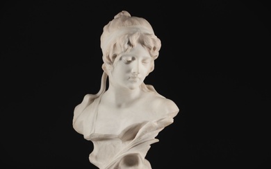 Art Nouveau bust of a young woman in white marble,...