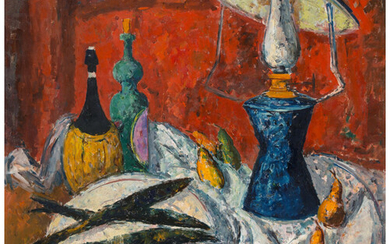 Arturo Souto Feijoo (1904-1964), Still life of fish, wine and pears