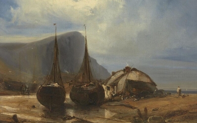 Attributed to EugÃƒÂ¨ne Isabey, French 1804-1886- A village with fishing boats by the sea; oil on canvas, signed and dated 'Isabey 1839' (lower right), 37.8 x 56.5 cm. Provenance: Mrs Kenneth Shaw Safe, Ocean Lane, Newport, Rhode Island.; and...
