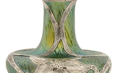 Attributed to Loetz, Fine Silver Overlay Iridescent Glass Vase