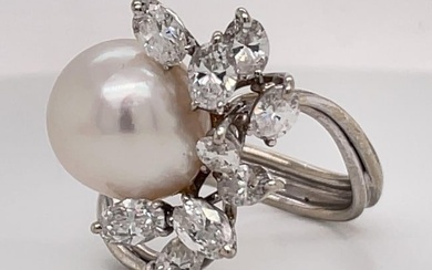 Australian South Sea Pearl Diamond Cluster Cocktail Ring 2 Carats 14K White Gold