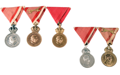 Austria-Hungary: five Military Merit Medals: i) Franz Joseph