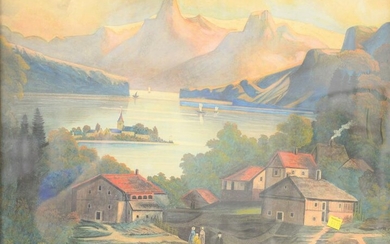 B. Potts watercolor, primitive landscape, signed lower