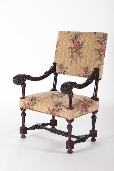 BAROQUE STYLE CARVED WALNUT OPEN ARMCHAIR 1890
