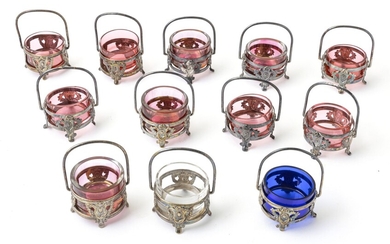 "BUCH" WARSAW SILVER AND GLASS INDIVIDUAL SALT CELLARS, 12 PCS, H 3", W 2.5"