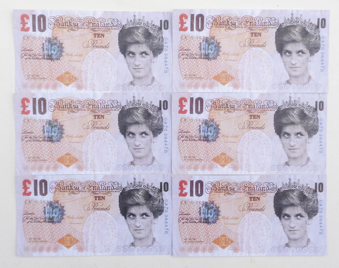 Banksy Di Faced Tenner 10 Pounds;6 banconote Banksy of England Offset, 14,5 x...