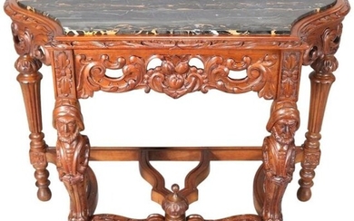 Baroque Figural Maritime & Walnut Marble Console Table