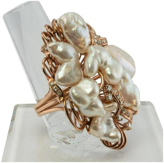 Baroque cultured Pearls Diamonds Cocktail Ring 14K Rose