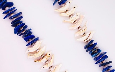 Blue Lapis & Shell Organic Bird Necklace Natural Lapis Beads & Hand Carved Shell