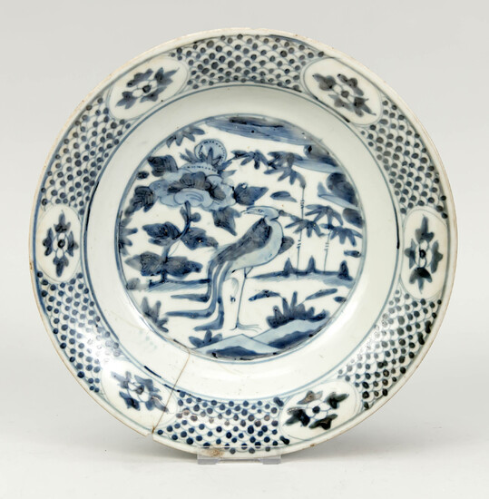 Blue and white (Swatow) plate with crane, China,...