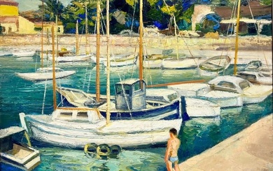 Boats in Mediterranean Harbour Large 20thC French Post Impressionist Signed Oil 1960's