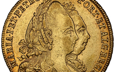 Brazil: , Maria I & Pedro III gold 6400 Reis (Peça) 1779/8-B AU53 NGC,...